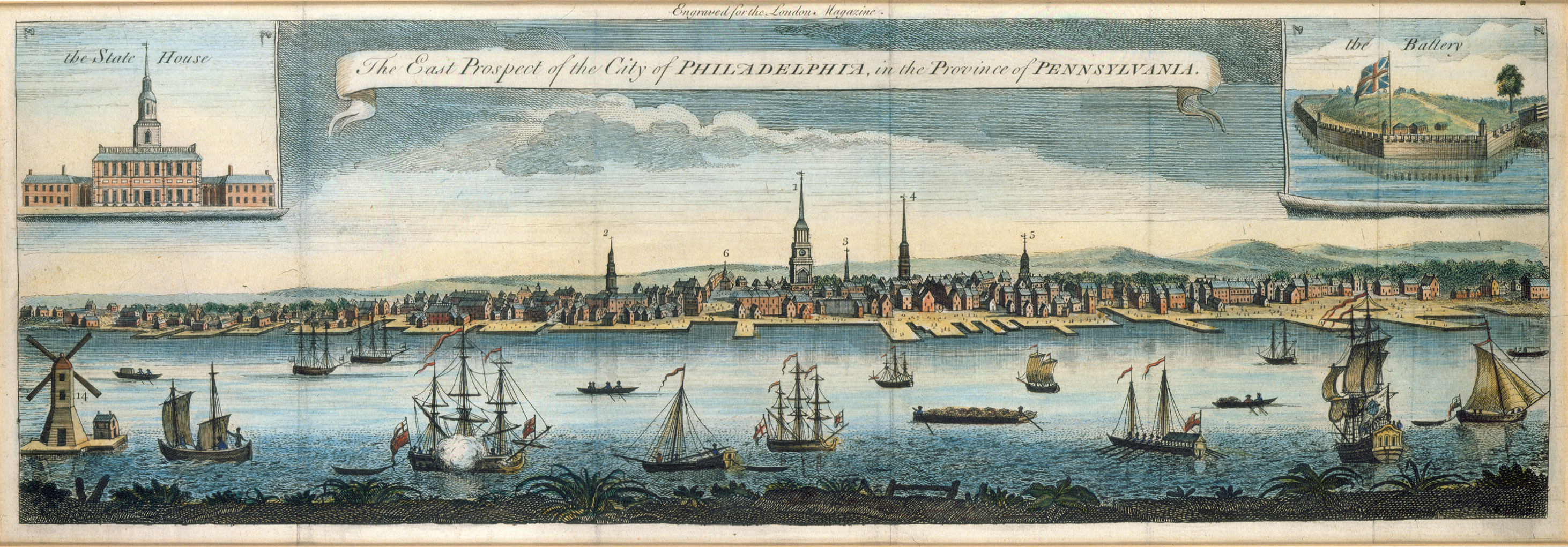 Color engraving titled "East Prospect of the City of Philadelphia." View of 18th century Philadelphia as seen from New Jersey. This engraving features merchant ships in the Delaware River and landmark buildings including Christ Church and the State House.