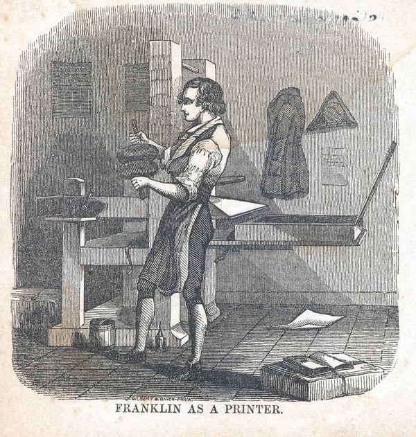 Engraving of Benjamin Franklin as a young man working in the print shop.