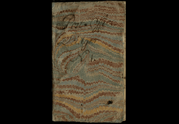 Image of 18th century ledger book with the title "Post Office Leidger No. 1" handwritten on cover.