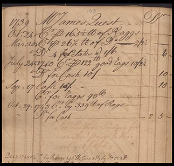 handwritten page from the ledger, detailing sales of rags to the Franklins in 1739.