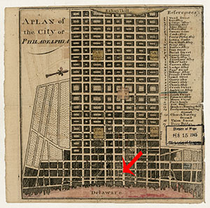 A map of Philadelphia highlighting Laetitia Court, where Henry Clemer worked as a baker.