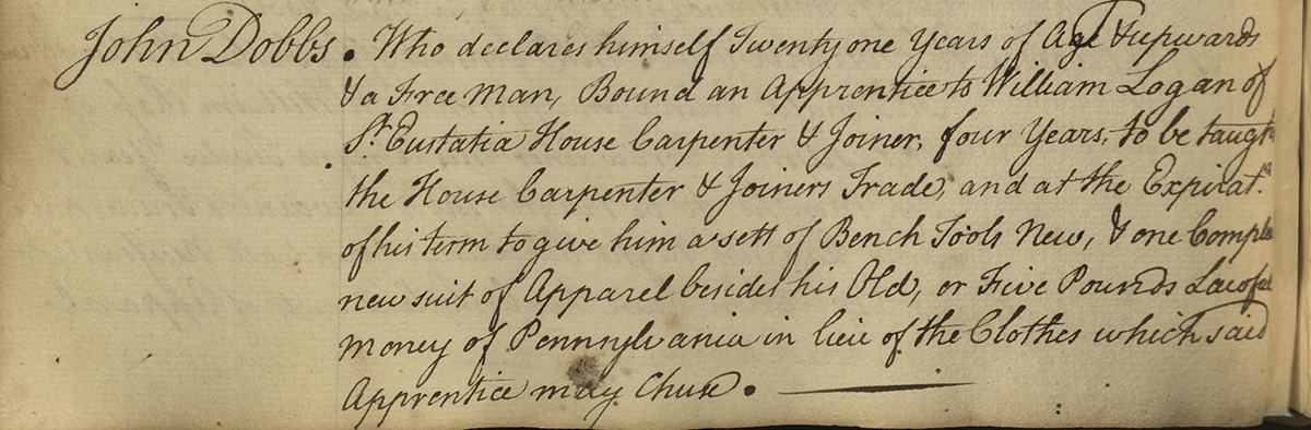 A digitized excerpt from the APS Indenture Book that shows the record of John Dobbs' indenture.