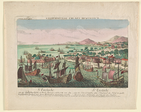 A colored engraving showing many ships in the harbor of the island of St. Eustache as it appeared in the 18th century.