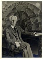 Portrait of Robert Yerkes seated in front of his "Primate Tree" at Yale Medical School