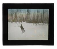 Lantern Slide #303: Montagnais-Naskapi man with dog, winter settlement