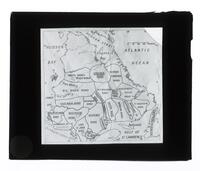 Lantern Slide #307: Map of Quebec, with Speck's delineation of Innu and Cree hunting territories.