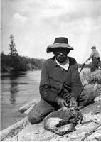 A013: Chief William Berens with moose meat, en route between Berens River and Little Grand Rapids, Manitoba, circa 1930-1933