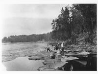 A046: En route on Berens River, stopover at island of jack pine, Manitoba, circa 1930s