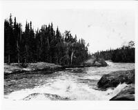 A079: En route on Berens River, Sturgeon Falls, Manitoba, circa 1930s