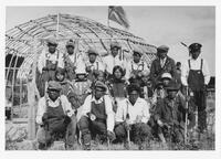 A200: Oshkaabewisag and Oshkaabewisikweg (Apprentices) in front of Naamiwan's Waabano lodge, Pauingassi, Manitoba, 1933