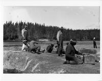 A065: Tea break with Chief William Berens and others, en route on Berens River, Manitoba, circa 1930s