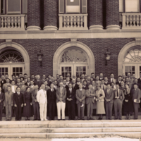 Genetics Society of America, group portrait, standing outside of building at Woods Hole Massachusetts.