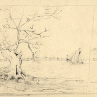 Landscape: tree on river bank with boat.