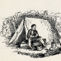 Man beside tent & camp fire.