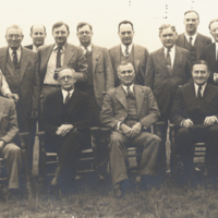 Conference at Sippewisset, Massachusettes, on problems of the Biology of aging, six men full length, seated and 14 men half length, standing.