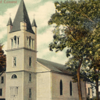 8-39-k: "Catholic Church and Convent at Indian Island, Old Town, Main." color postcard.