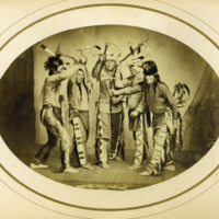 War Dance of the Yankton Sioux (Dakota) [l. to r. Struck by the Ree, White Swan, Long Foot, Little Bird, Black Eagle]