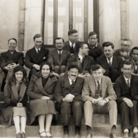 Group portrait, outside on steps, Swann seated first row.