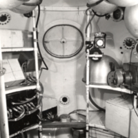 Interior view of gondola for stratosphere flight, with NBC mircrophone.