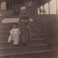 Shryock child and mother [?], "bound for the beach," standing, full length, informal portrait.