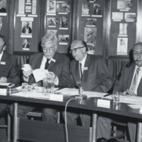 George W. Corner, Richard H. Shryock, Charles Coutry, and unidentified man, half length, informal, seated at Wellcome Library, London, August, 1967, Conference on Medical History.