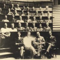 33 unidentified men and women in a seated  group photo for the graduate class of Johns Hopkins Medical school, 1898 and 1899.  Dr.Cushing, Dr. Kelley, Dr. Osler, Dr. William Sydney Thayer.