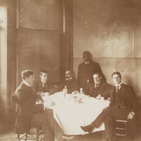 Lewellys F. Barker, Franklin P. Mall, F. R. Smith, Simon Flexner, William Sydney Thayer, seated, informal, in officer's dining room at Johns Hopkins Hospital.