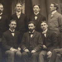 Victor George Heiser and eight unidentified men of the W. W. Keen Society of the Jefferson Medical College, five, 3/4 length, seatd and four half length, standing formal.