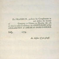 Blank invitation to dinner for Monday, July 5, to celebrate the Anniversary of the Declaration of Independence.