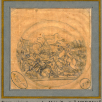 Sketch of a medal, depicting a battle scene, "Dessin original pour la Medaille de Morgan."