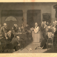 The first prayer in Congress, September 1774, in Carpenters Hall, Philadelphia.