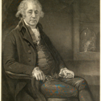 Matthew Boulton, Esq., F.R.S. & F.S.A., seated, holding medallion, 3/4 length portrait, formal.