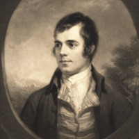 Robert Burns, youthful image with trees in background, bust length portrait, formal.