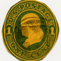 Green and gold one cent stamp, silhouette of Franklin in profile.