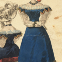 Modes de Paris, Petit Courrier des Dames, color engraving of woman wearing a blue dress.