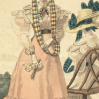 Modes de Paris, Petit Courrier des Dames, color engraving of woman wearing a pink dress.