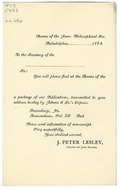 Rooms of the Amer. Philosophical Soc.[,] Philadelphia, _____ 1863. To the secretary of the _____[.] Sir: You will please find at the rooms of the _____ a package of our publications