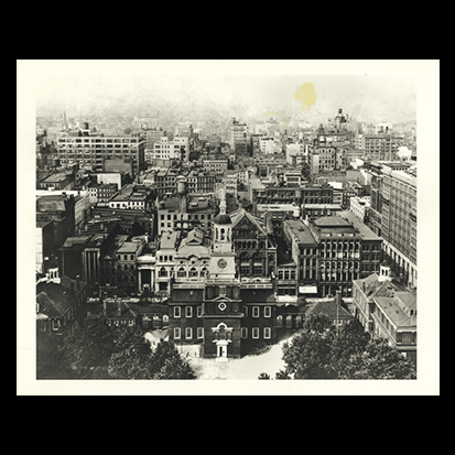 3. Bird’s-eye view of Independence Square from the south, showing conditions north of Independence Hall, ca. 1942-1944. Part of a brochure prepared by the Fairmount Park Association and Independence Hall Association, lobbying for the creation of Independence Hall Historical Park.