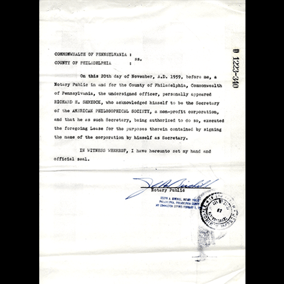 6. The American Philosophical Society and the Government of the United States of America signed the lease agreement regarding the building of Library Hall on October 14, 1955.