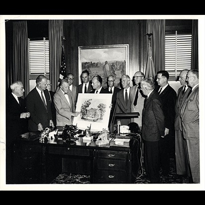 8.  Document Signing Ceremony for the Construction of Library Hall, showcasing Sydney E. Martin’s design for Library Hall.