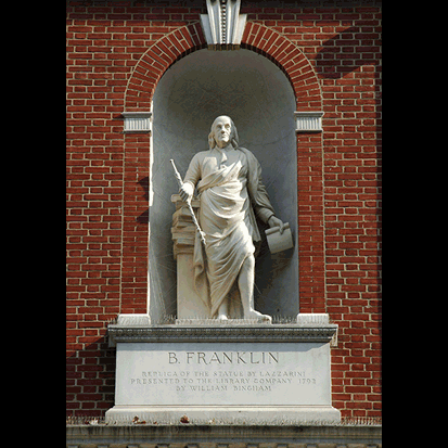 6. In 1988, the Franklin statue was replaced with an epoxy version, more resistant to deterioration. The new statue portrayed the Society’s founder with a reverse scepter in his right hand rather than a baton as the first copy had erroneously displayed.