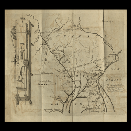 3. Map of parts of Pennsylvania, New Jersey, and Delaware with proposed possible roads and canals from the first volume of the APS Transactions (1771).