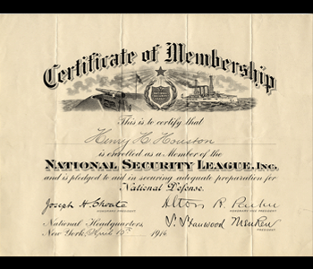 National Security League Certificate of Membership for Henry Howard Houston.