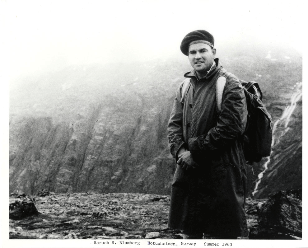 Baruch Blumberg hiking in Hotunheimen, Norway in 1963.