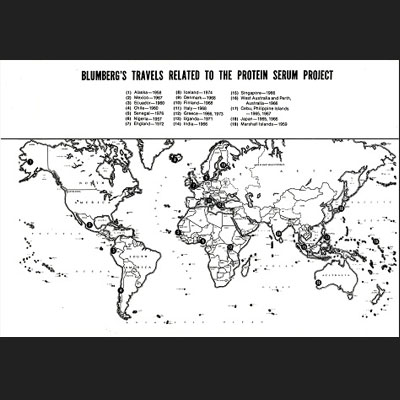 A map showing the locations visited by Dr. Blumberg during his research