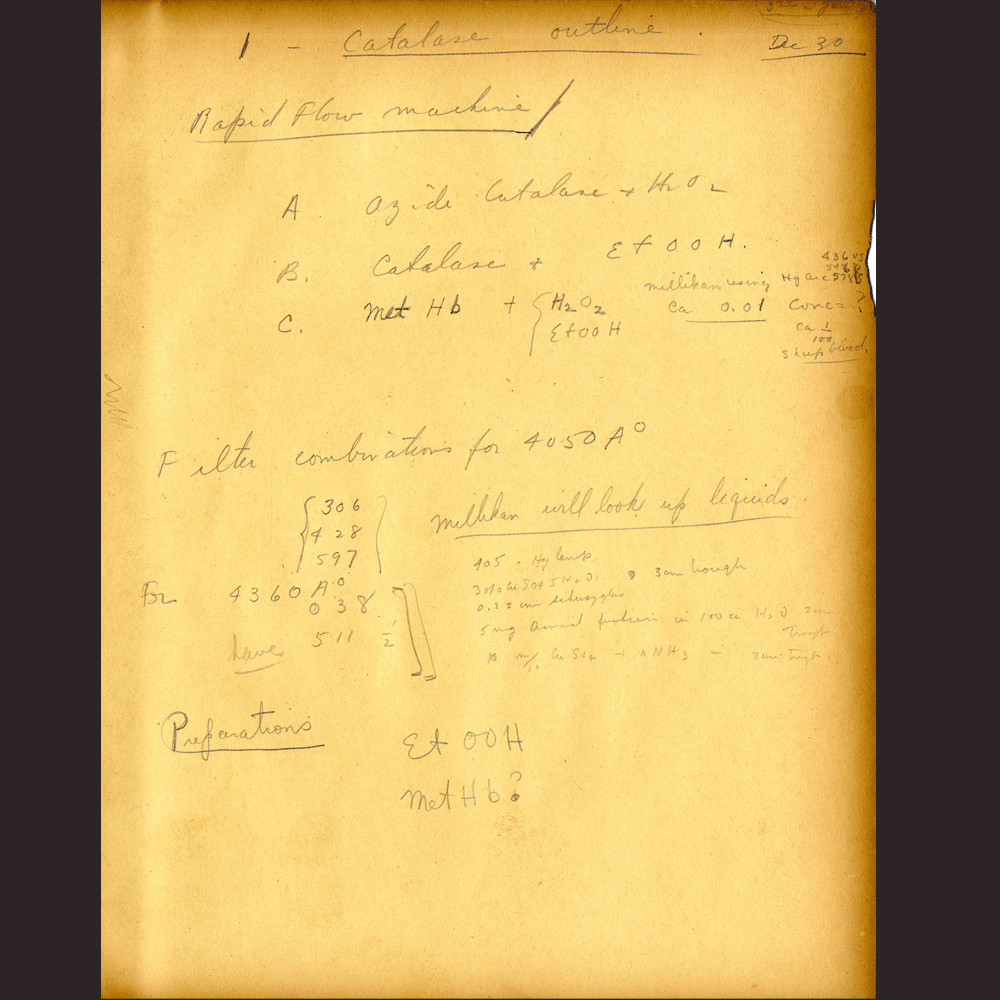 1. While at Cambridge, Chance designed and built instruments to observe enzyme reactions in real time. Here are some notes outlining ideas for his stopped-flow apparatus.