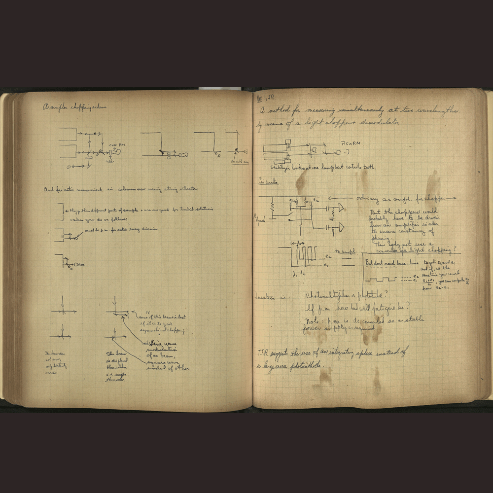 7. After the Second World War, Chance continued his enzyme research in Stockholm with Hugo Theorell and designed a new apparatus to further elucidate the enzyme-substrate complex. Pictured here are early calculations for his dual-wavelength spectrophotometer.