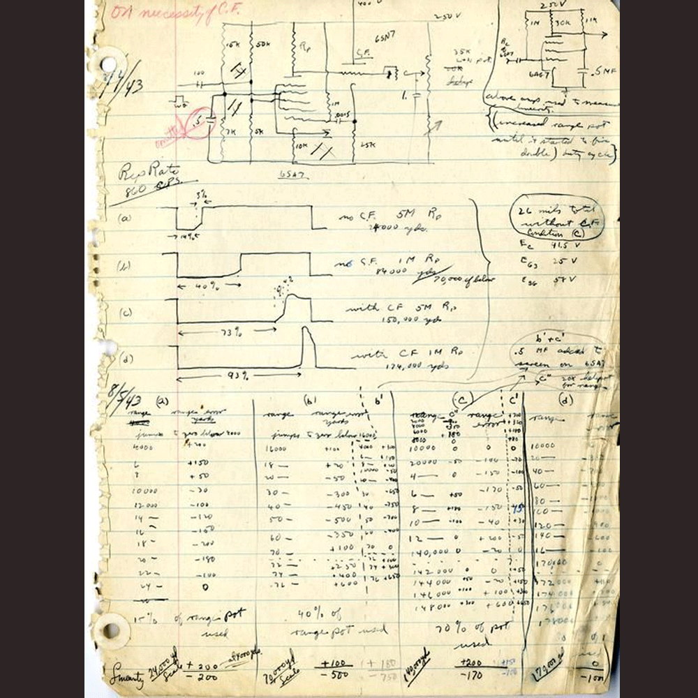 2. Chance's first project was to construct a precision ranging system for the gun laying radar, SCR-584. Here he draws out the equations and schematics for the circuit design.