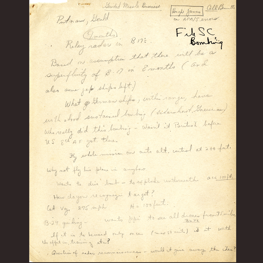 3. One focus of Precision Circuits Group 63, the department run by Chance, was circuit development for precision bombing. Pictured here are notes from a bombing lecture.