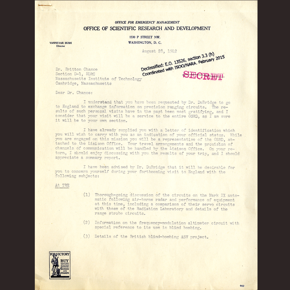 4. In 1942, Chance was sent to England to exchange information on precision ranging circuits. This letter from Vannevar Bush outlines Chance's mission.